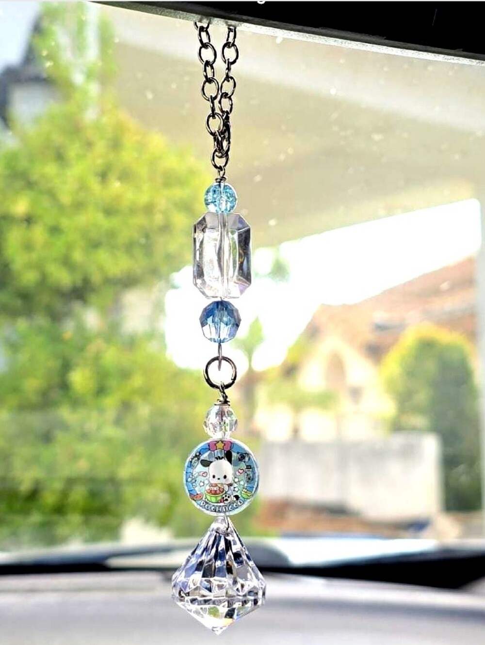 Pochacco Car Charm Suncatcher, Handmade Beaded Rearview Mirror Decor